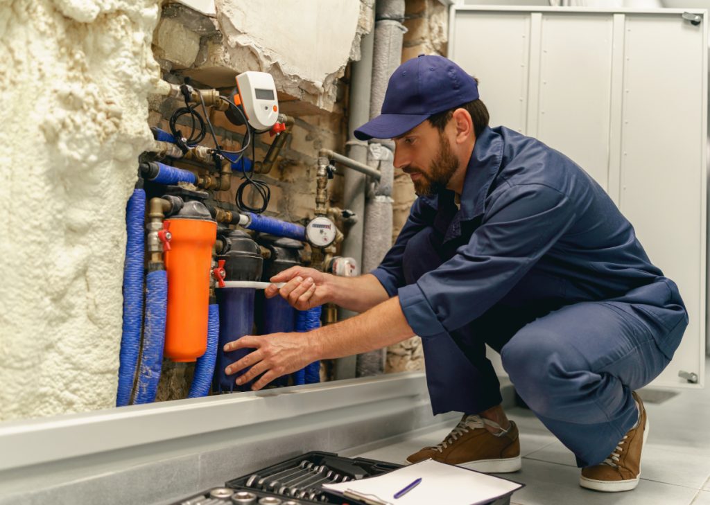 Technician servicing basement water lines and filtration equipment